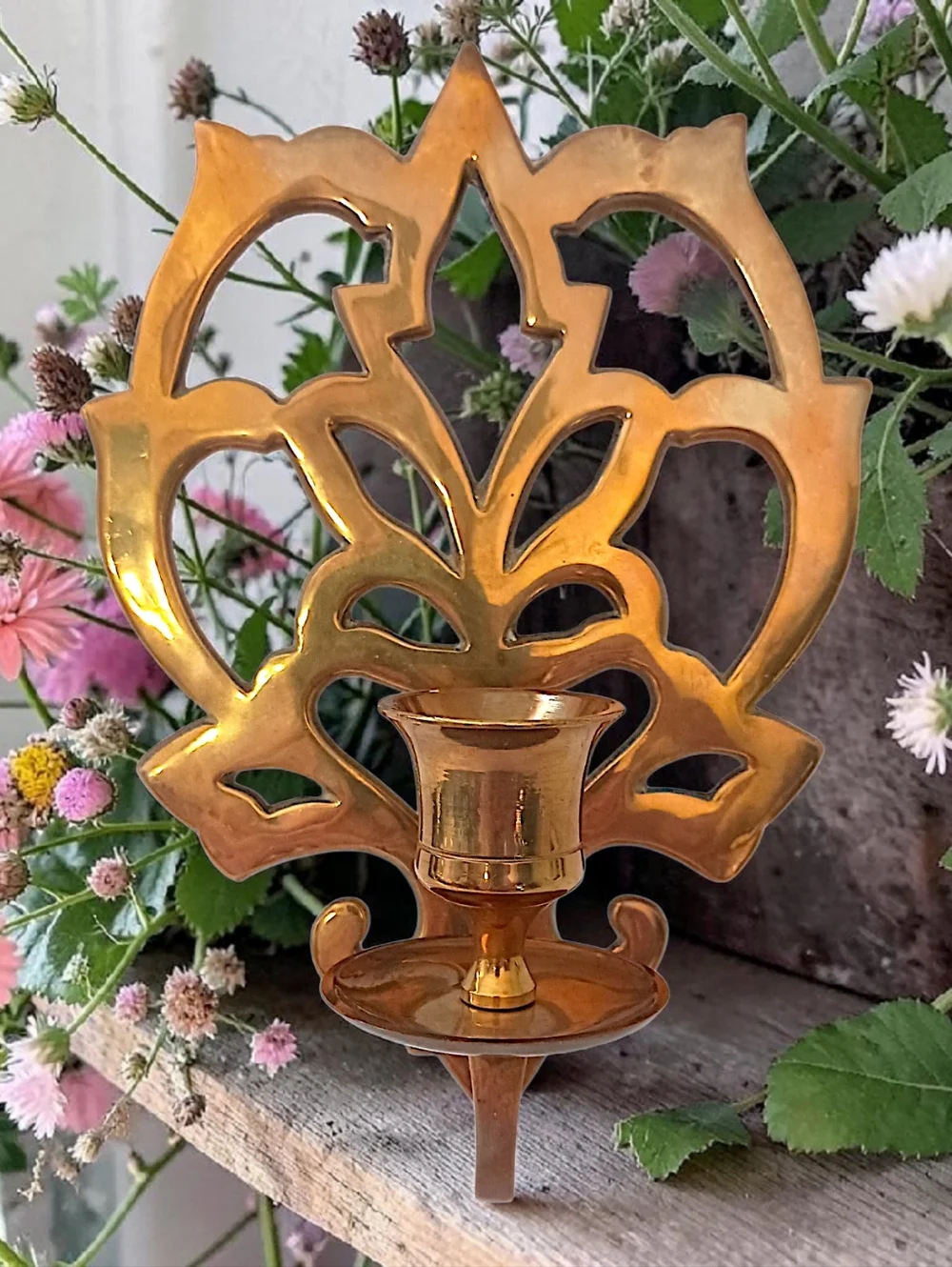 Solid‎ Brass Wall Sconce Single Candle Holder Lotus Flower Open Work Old World